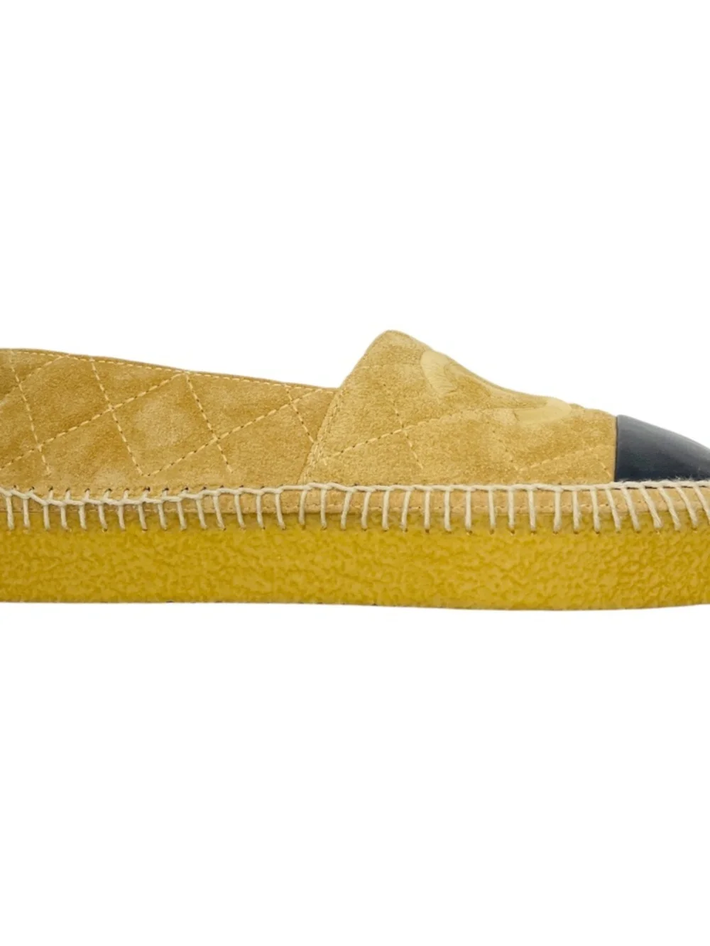 CHANEL TAN / BLACK LEATHER CAP TOE CC LOGO EMBOSSED QUILTED SUEDE ESPADRILLE FLA